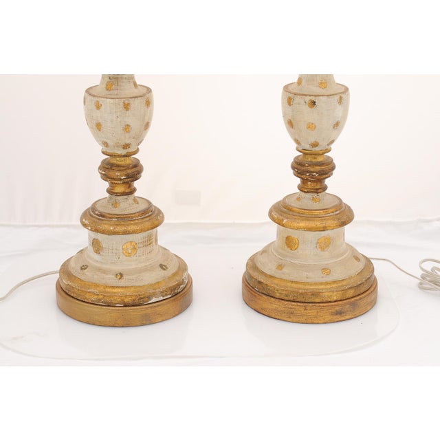 1940s Large Italian Gilt & Hand-Painted Candlestick Lamps For Sale - Image 4 of 12