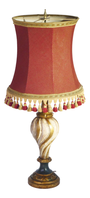 Large Vintage Florentine Wooden Table Lamp with Red Fabric Shade, 1960s