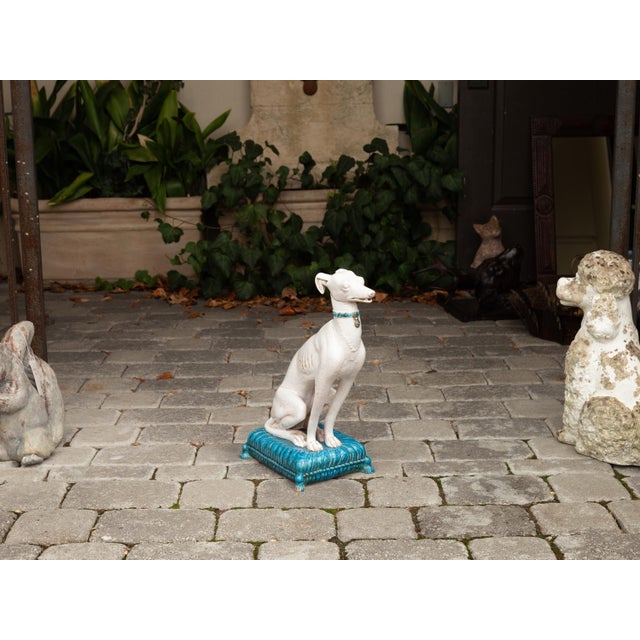 Ceramic Vintage Italian Midcentury Porcelain Greyhound Dog Sitting on Blue Cushion For Sale - Image 7 of 11