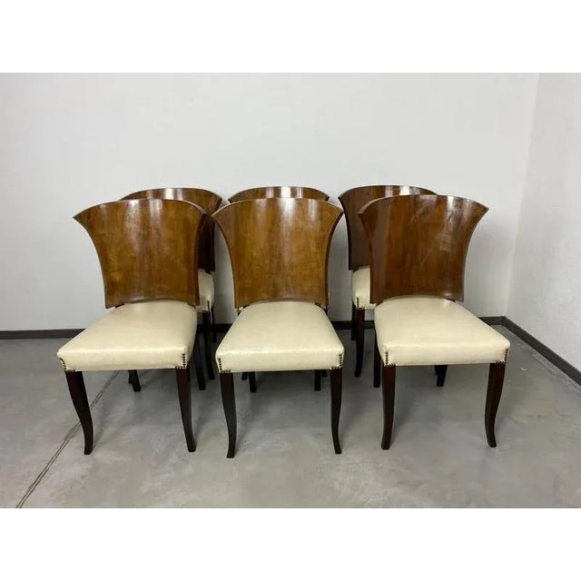 Set of 6 large art deco dining chairs from France in original vintage condition with signs of use. Walnut well designed...