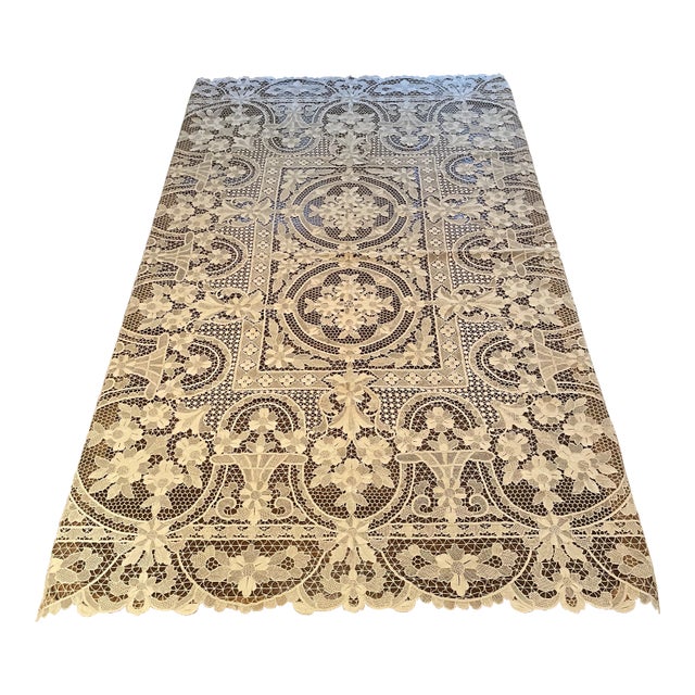 Vintage French Lace Point De Venise Tablecloth For Sale