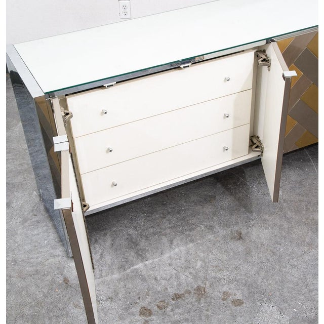Mid Century Modern Credenza Sideboard Ello Brass Brushed Steel Herribone Drawers For Sale In Sacramento - Image 6 of 12