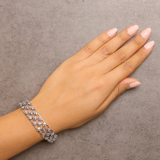 14K White Gold Pink Sapphire and Diamond Floral Lattice Link Bracelet - 7.25" Inches For Sale - Image 4 of 5