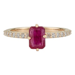 1.33ct Emerald Cut Ruby Solitaire Ring With Pave Diamonds in 14k Gold Size 5 For Sale