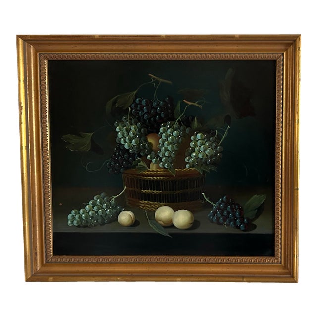 Vintage Realistic Fruit Still Life Oil Painting on Wood Panel in Gold Leaf Frame For Sale
