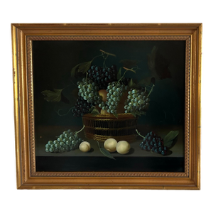 Vintage Realistic Fruit Still Life Oil Painting on Wood Panel in Gold Leaf Frame