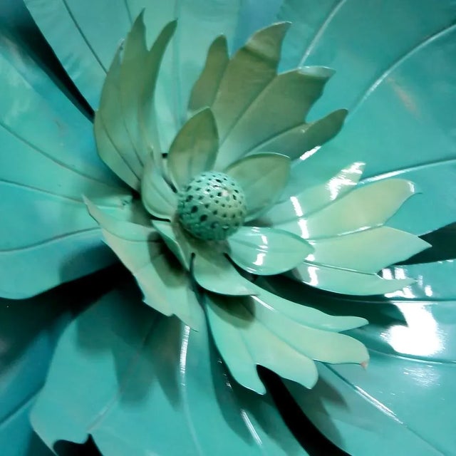 Large Teal Blue Sculptural Metal Flower Wall Art For Sale - Image 4 of 5