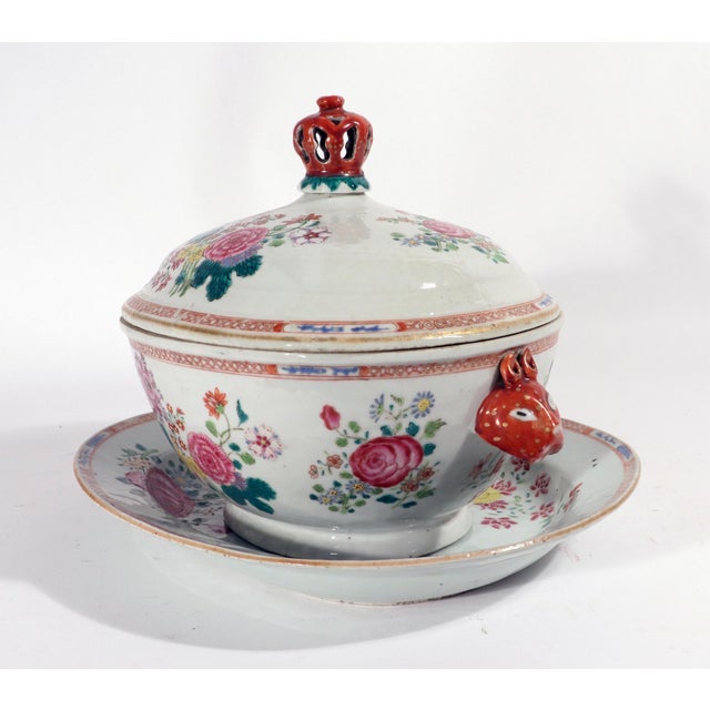 Chinese Export Famille Rose Porcelain Soup Tureen, Cover & Stand, Circa 1765 For Sale - Image 4 of 18