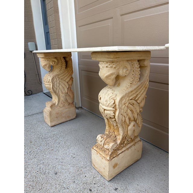 Late 20th Century Pair of Neoclassical Travertine Top Consoles With Winged Figural Bases For Sale - Image 9 of 15