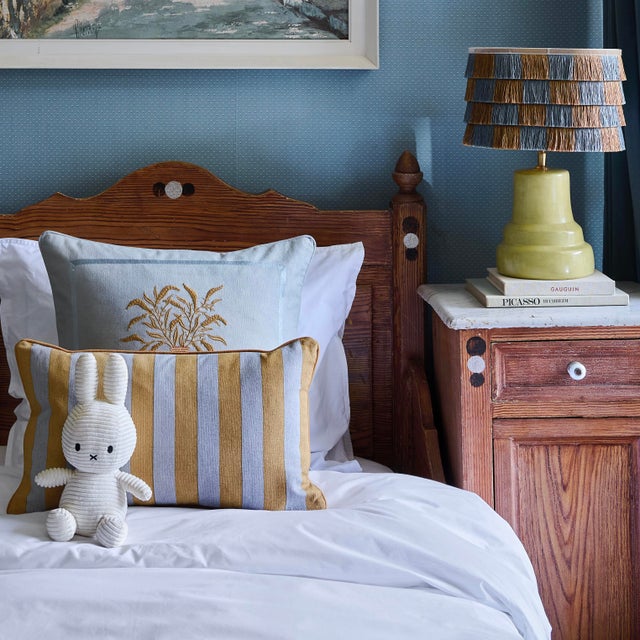 Palais Double-Sided Embroidered Paisley & Stripe Throw Pillow in Smokey Blue & Raffia (20” X 12”) For Sale - Image 6 of 9