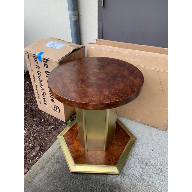 Vintage Mid Century American Brass & Burled Wood Pedestal Table W