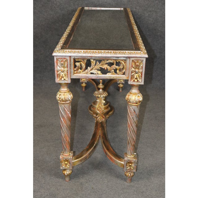 Metal 1960's Louis XVI Style Mirrored Top Console DIstressed Silver and Gold Accents For Sale - Image 7 of 13