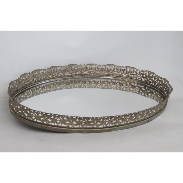 Mid 20th Century Oval Vanity Mirror Tray Filigree Gilded Raised Metal Frame Dresser Display 4524b For Sale - Image 5 of 14