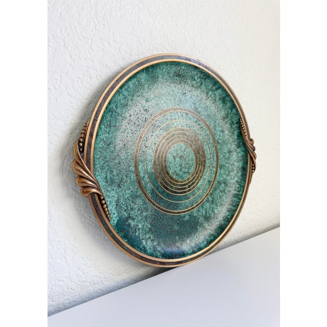 A classic vintage Art Deco verdigris bronze serving tray designed by the noted 20th-century metalworker Carl Sorensen....