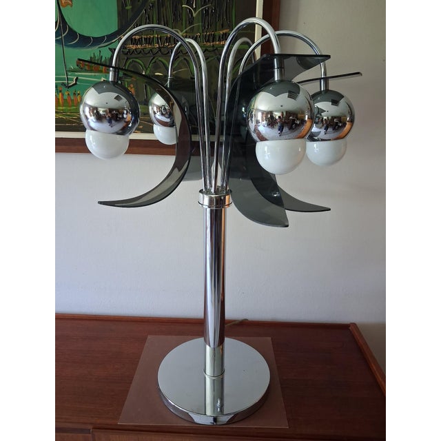 Mid-Century Modern Robert Sommeman Style Vintage Space Age Chrome 1970's 5 Light Waterfall Lamp With Smoked Lucite Petals. For Sale - Image 3 of 15