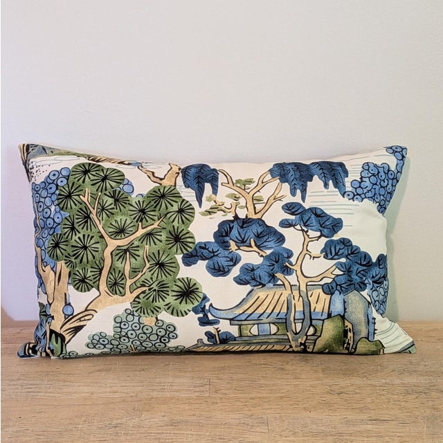 Thibaut Custom - Thibaut Asian Scenic Blue & Green Lumbar Pillows For Sale - Image 4 of 7