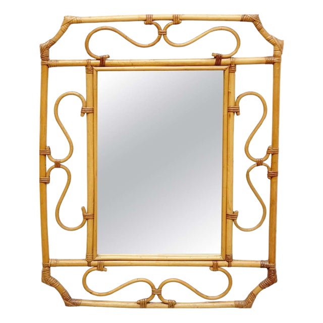 Mid-Century Modern French Rivera Handcrafted Bamboo Rattan Mirror, 1960 For Sale