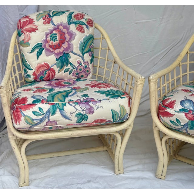 Chinoiserie 1980's Rattan Lattice Barrel Lounge Chairs With Chinoiserie Cushions in the Style of Ficks Reed a Pair For Sale - Image 3 of 16