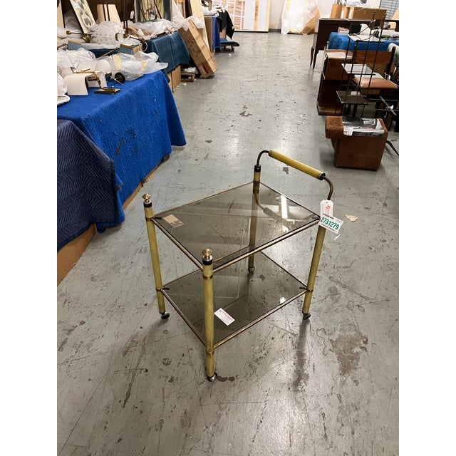 1950s Vintage Brass and Smoky Glass Bar Cart For Sale - Image 5 of 6