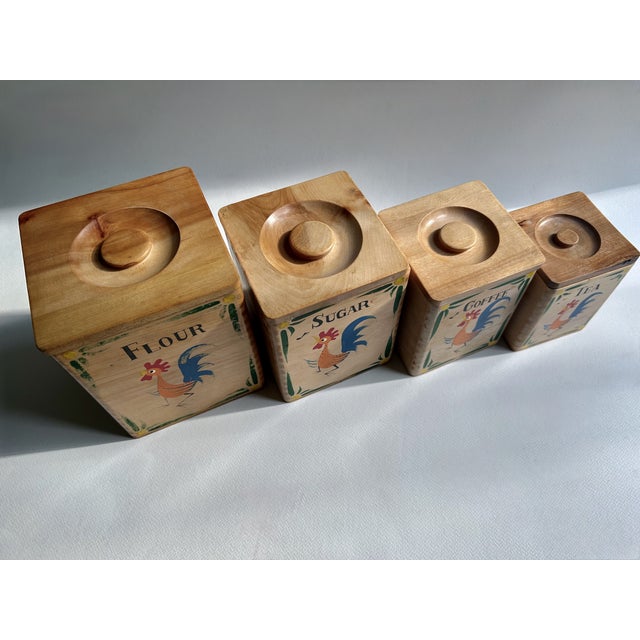 MCM Flour, Sugar, Coffee & Tea Painted "Rooster" Stacking Lidded Birch Containers For Sale - Image 4 of 18