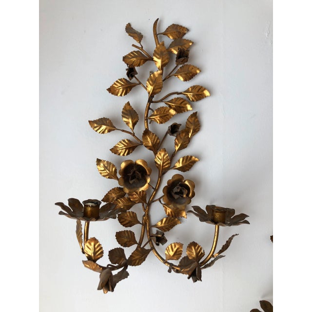 Italian Magnifico Pair of Grand Italian Gilt Iron & Tole Floral Motif Candle Sconces – Lavish, Ornate, and Electrification-Ready For Sale - Image 3 of 4