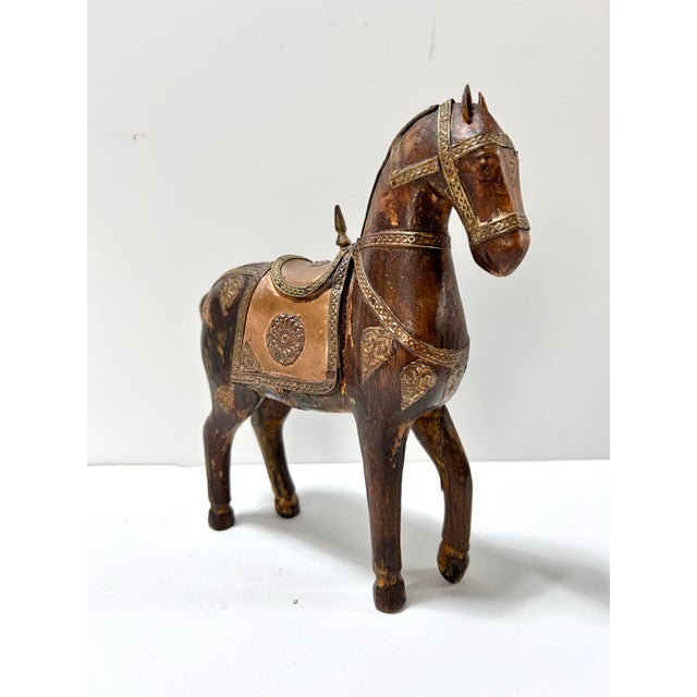 Wood Vintage Carved Wood Horse Sculpture With Brass Inlay For Sale - Image 7 of 10