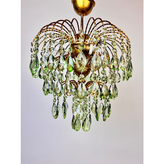 Vintage Crystal Chandelier – 1960s Hand Green Drop Crystals For Sale - Image 4 of 17