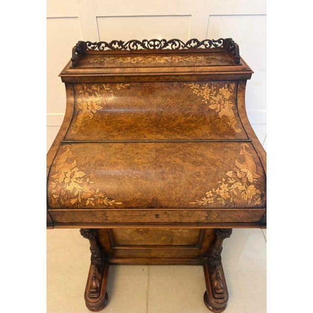 Antique Victorian Burr Walnut Floral Marquetry Piano Top Davenport Desk, 1850 For Sale - Image 12 of 18