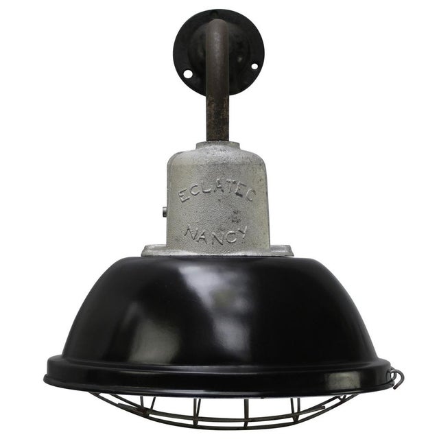 Vintage Industrial French Black Enamel Factory Wall Light For Sale - Image 5 of 11