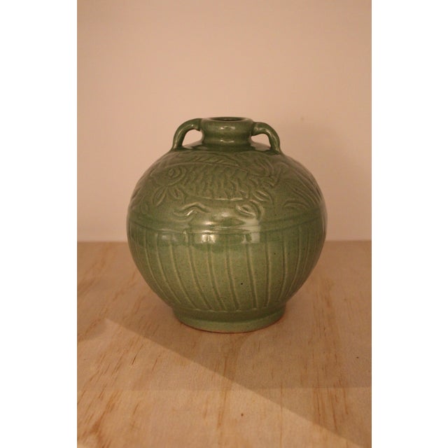 Vintage Ceramic Vase with Chinoiserie Details. Great green glaze and charming fish details