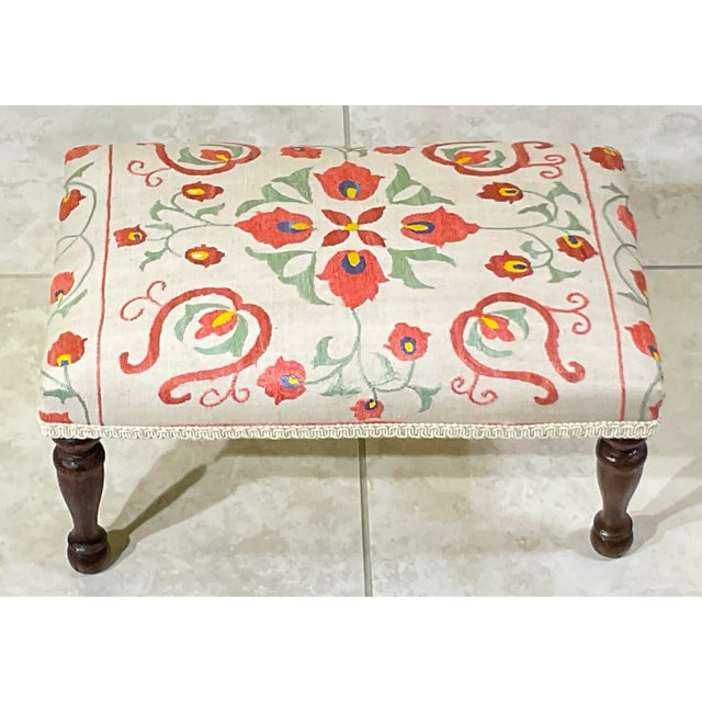Antique Suzani Embroidered Footstool – Silk Hand-Stitched Needlepoint For Sale - Image 12 of 14