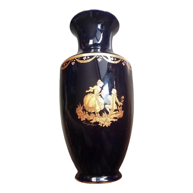 Mid-Century Limoges Blue Cobalt Vase in 22k Gold, France, 1950s For Sale