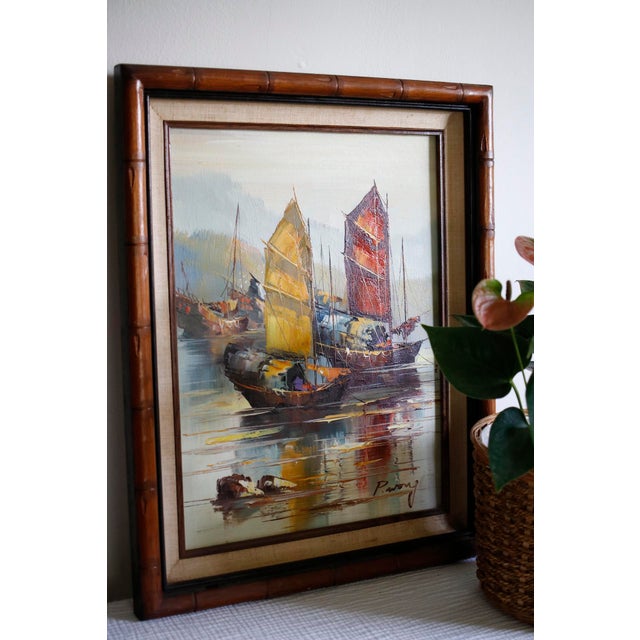 1960s Mid-Century Bamboo Framed Nautical Chinoiserie Painting For Sale - Image 4 of 12