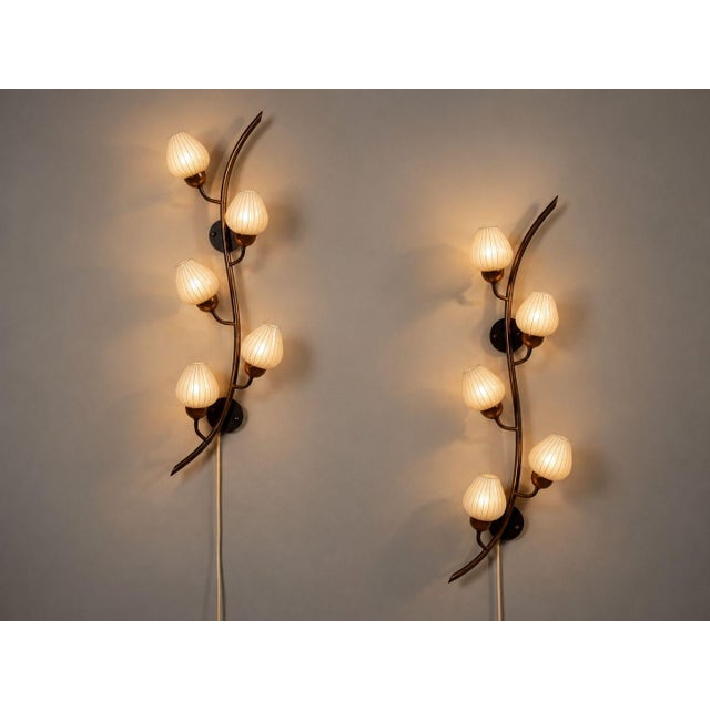 1940s Mid-Century Modern, Astra, Monumental Floral Sconces, Copper, Brass, Glass - a Pair For Sale In New York - Image 6 of 14