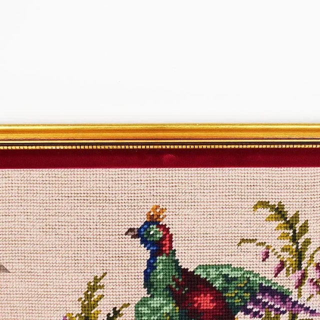 Wood Square Pink and Gold Framed Embroidered Needlepoint Floral and Peacock Wall Hanging For Sale - Image 7 of 12