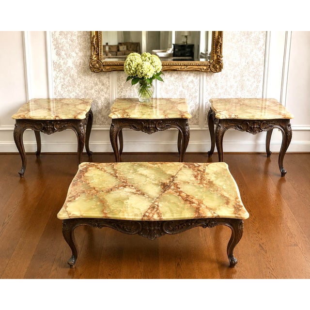 4p Italian-import coffee table set onyx tops carry dramatic natural veining in soft sage, ivory, and warm amber tones—each...