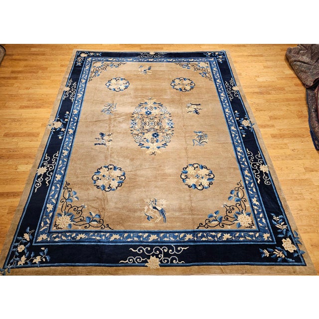 19th Century Chinese Peking Rug, Hand-Knotted Wool, Tan & Blue, 11' x 15' For Sale - Image 11 of 18