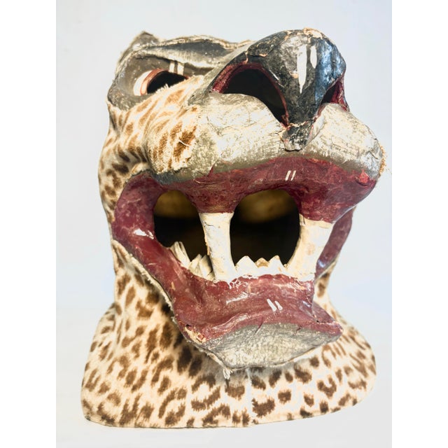 Pair of Vintage Hand Painted Folk Art Tiger and Cheetah Masks For Sale - Image 9 of 12