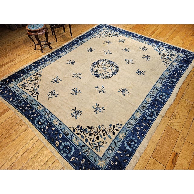 Beige Antique Chinese Peking Rug, Hand-Knotted Wool, Floral Design, Ivory, 9' x 12' For Sale - Image 8 of 18