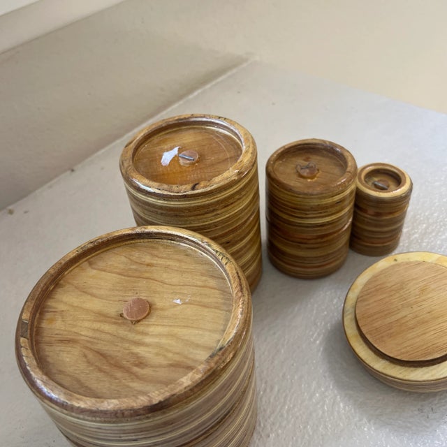 Mid 20th Century Bamboo Storage Bottles Jars Wooden Small Box Containers with Lids- Set of 4 For Sale - Image 11 of 12