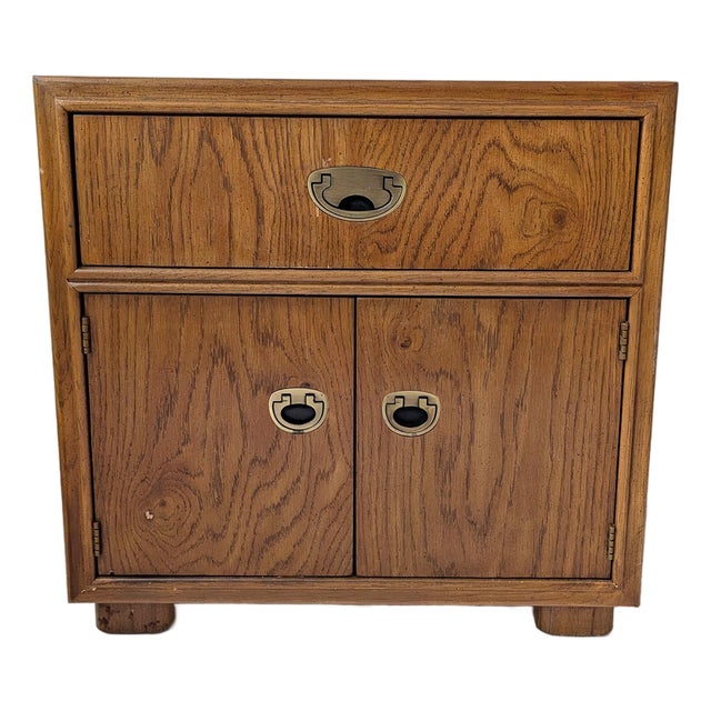 1980s Campaign Style Burl Oak Nightstand Passage Collection by Drexel For Sale