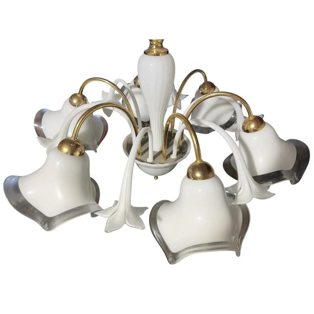 White Italian Murano Hand Blown Lily Art Glass Chandelier For Sale - Image 8 of 8