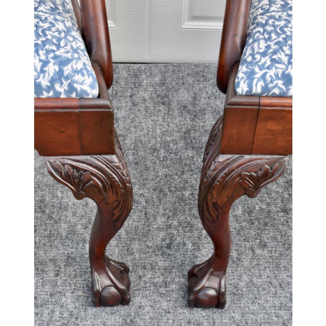 Wood Antique Pair Mahogany Armchairs Chippendale Style Carved Ball Claw Foot Dining For Sale - Image 7 of 18