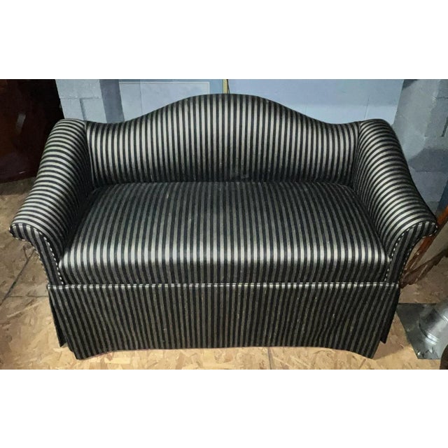Featured is an oxford blue [almost black] and gray [almost silver] striped Edward Ferrell Skirted Camelback Settee. IDN731