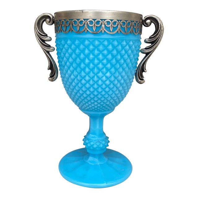 French Aqua Milk Glass Two-Handled Cup Circa 1890 For Sale