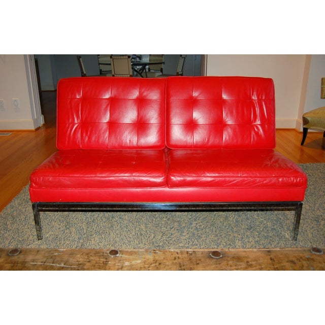 Metal Knoll Tufted Leather Slipper Sofa With Label in Lipstick Red For Sale - Image 7 of 9