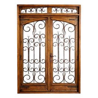 Handcrafted Solid Wood Rustic Double Exterior Door – Custom Mexican Design Made to Order For Sale