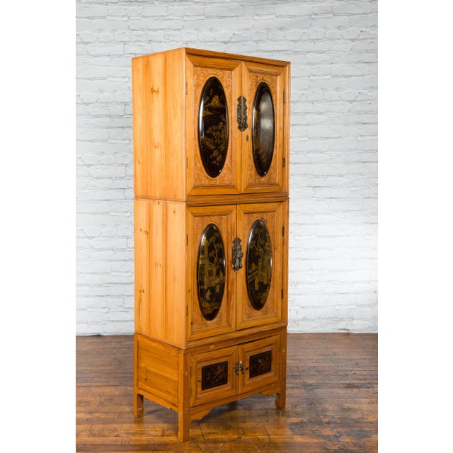 19th Century Chinese Qing Dynasty Tall Wooden Chinoiserie Panel Cabinet For Sale - Image 11 of 13