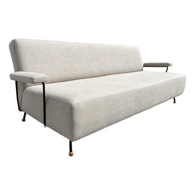 1950s Sofa Attributed to Milo Baughman, Black Iron, Kravet Beligan Linen For Sale