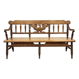 Vintage Cushman Carved Wood Colonial Farmhouse Bench For Sale